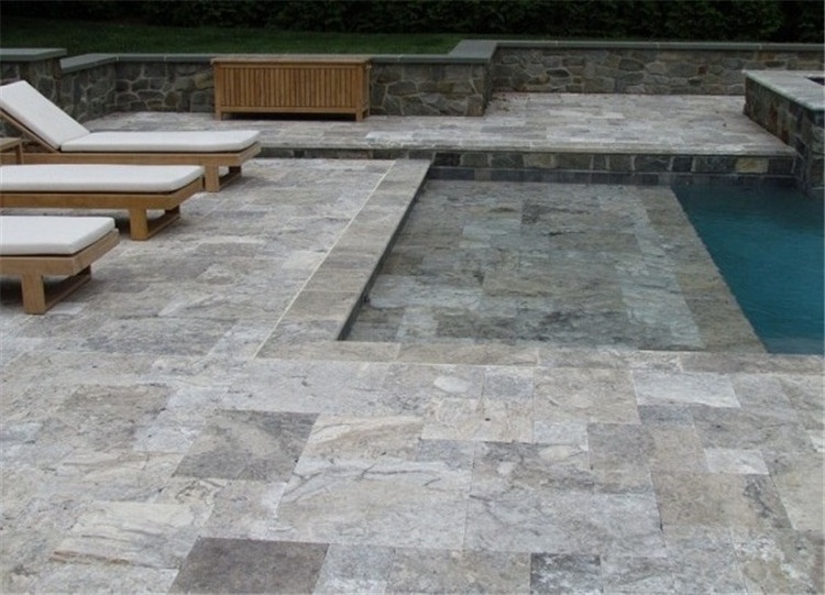 Pool Natural Tumbled Antique Beige White Travertine Brushed Chiseled Silver Grey Marble French Pattern Paving Tiles Patio Floor