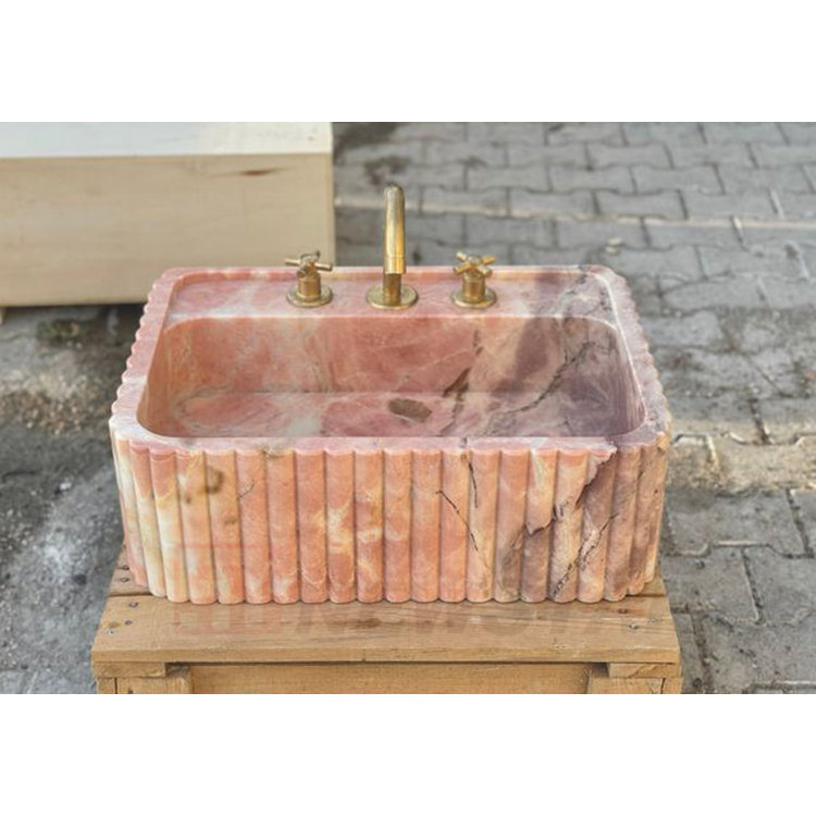 Newstar Stone Rectangular Natural Pink Marble Sink Marble Bathroom Sink Stone Hand Wash Basin Stylish Fluted Marble Sink