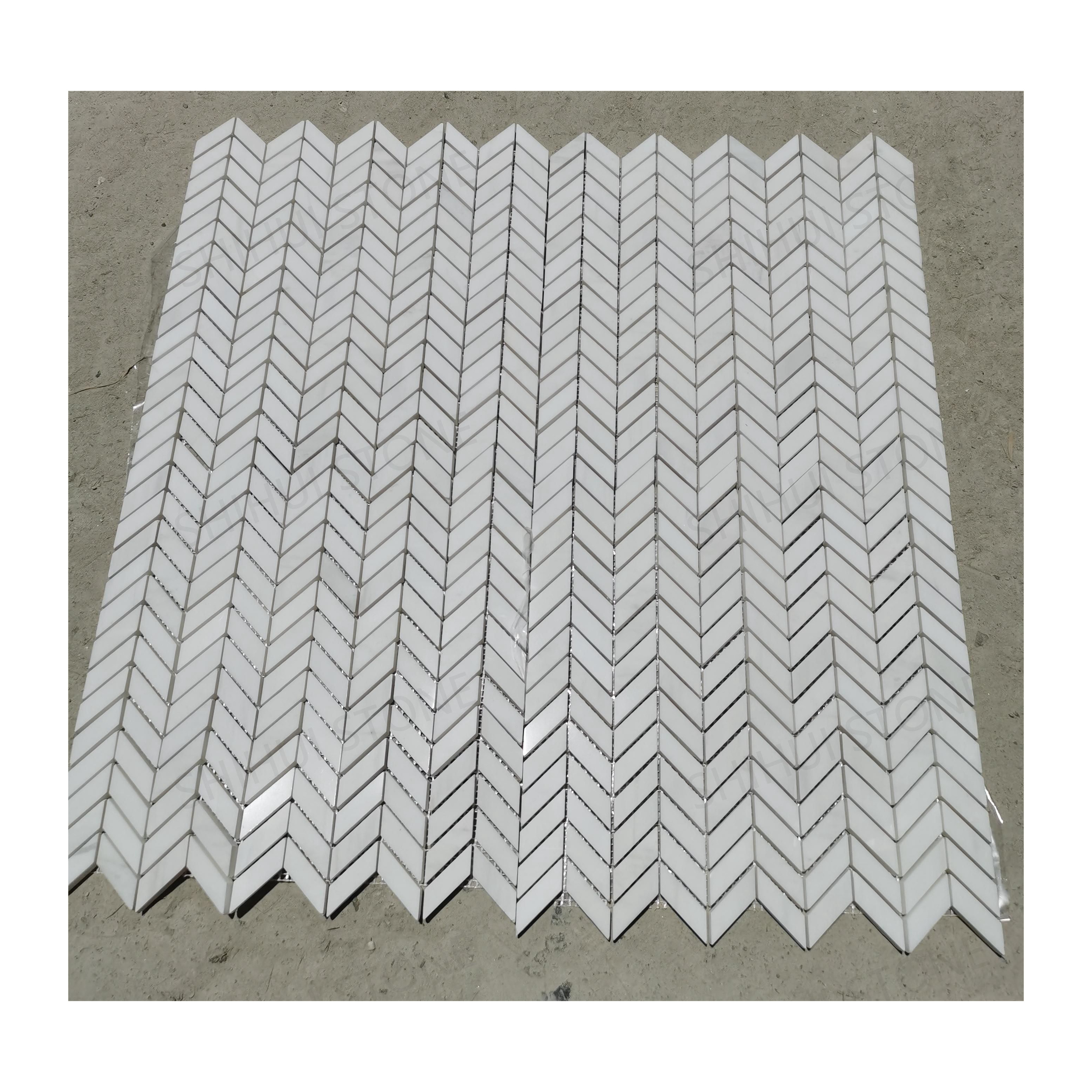 SHIHUI Customized Herringbone Flooring Bianco Dolomite Marble Mosaic Chevron Mosaic Tile