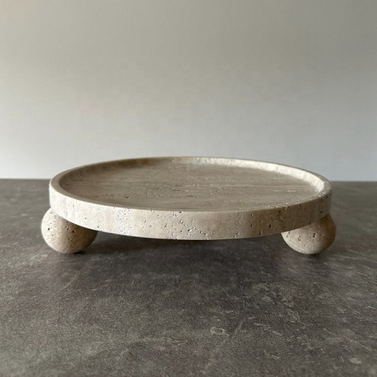 Bespoke Natural Travertine Marble Round Tray With Legs Or Ball Feet Restaurant Supply Serving Tray Marble Tray