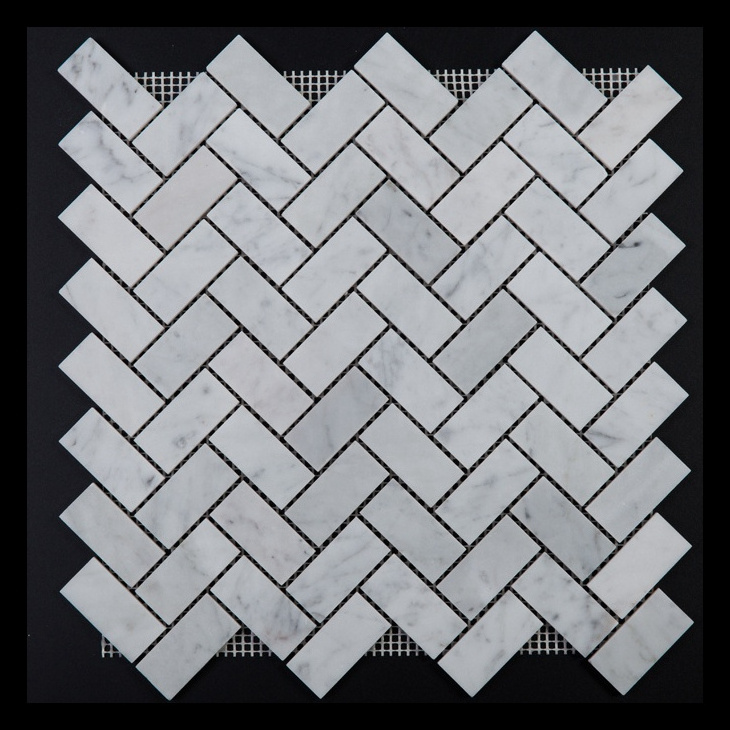 Italy Bianco Carrara Herringbone Marble Tile Brick And Marble Mosaic Flooring