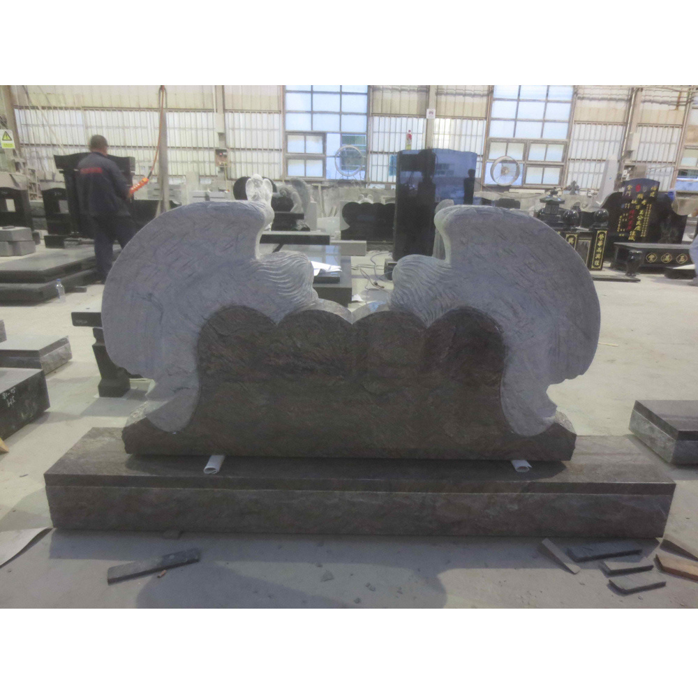 Polished Carved Multicolor Granite Stone Angel And Double Heart Headstone