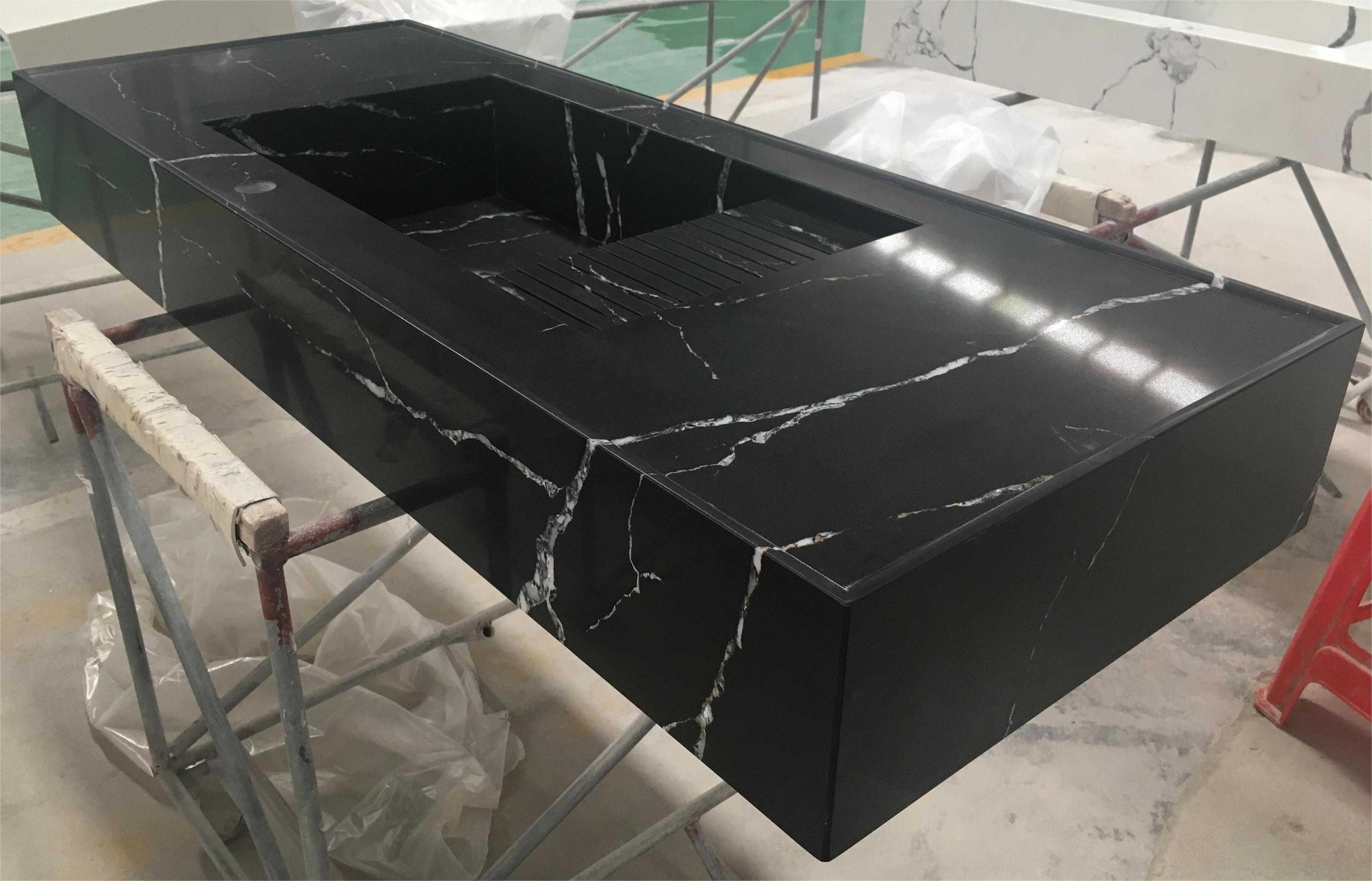 Wholesale Luxury Wall-mounted Artificial Stone Hand Washing Sink Black Marble Stone Sink Quartz Wash Basin