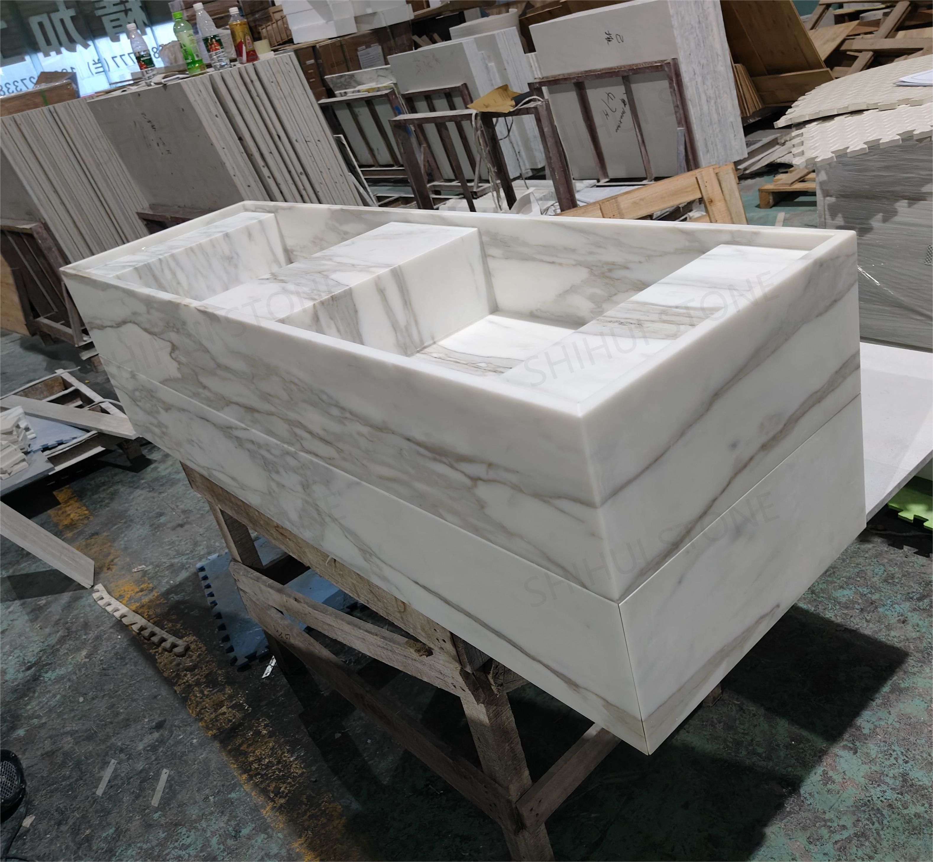 SHIHUI Customized Luxury Bathroom Furniture Marble Calacatta Oro Bathroom Cabinets Single Sink Basin Marble Bathroom Vanity