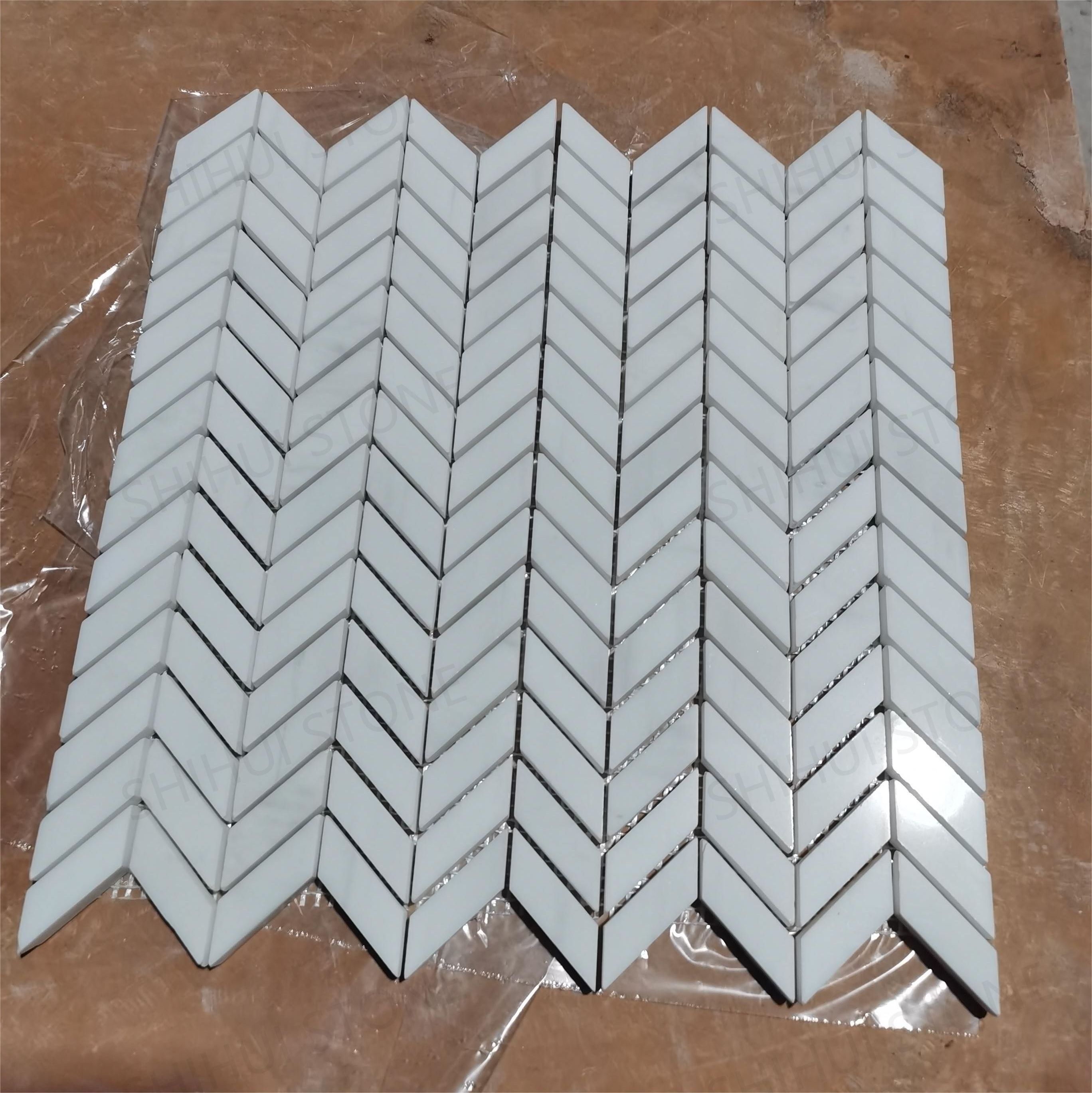 SHIHUI Customized Herringbone Flooring Bianco Dolomite Marble Mosaic Chevron Mosaic Tile