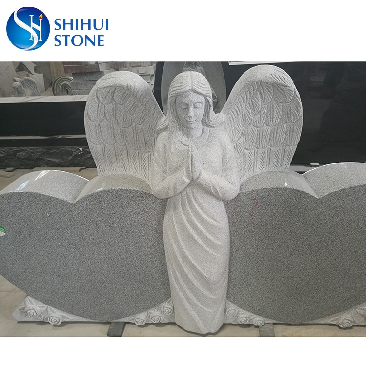 G633 White Grey Granite Stone Double Heart Headstone With Praying Standing Angel,US Style Headstone Monument ,Angel Tombstone