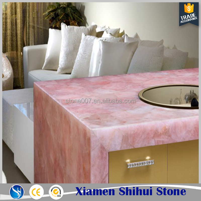 SHIHUI Home Decoration Modern Natural Stone Precioustone Backlit Gemstone Slab Polished Rose Pink Quartz Onyx Table Tops