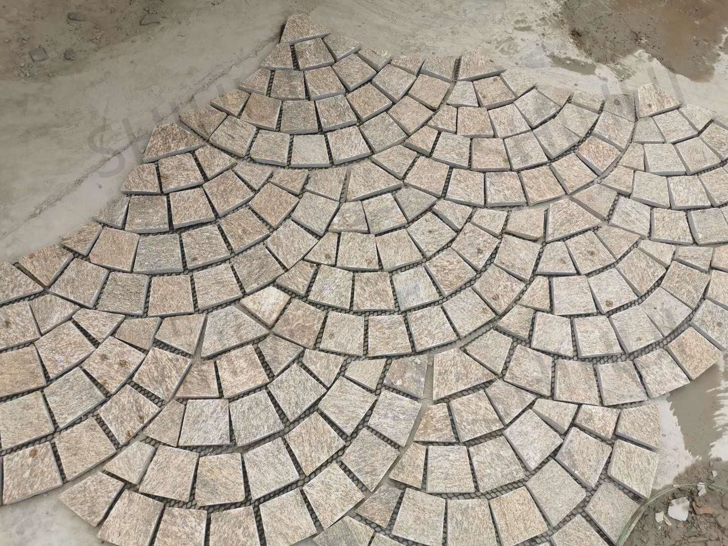 SHIHUI Outdoor Natural Tiger Skin Quartzite Fan Pattern Split Surface Machine Cut Bottom Paving Stone Cobblestone Paver Mats