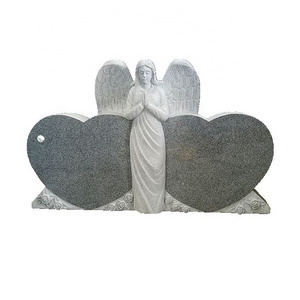 G633 White Grey Granite Stone Double Heart Headstone With Praying Standing Angel,US Style Headstone Monument ,Angel Tombstone