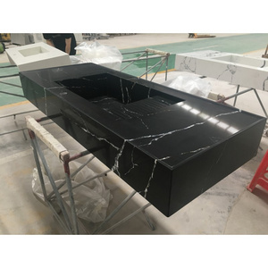 SHIHUI Wholesale Solid Surface Luxury Wall-mounted Artificial Stone Hand Washing Sink Black Marble Stone Sink Quartz Wash Basin