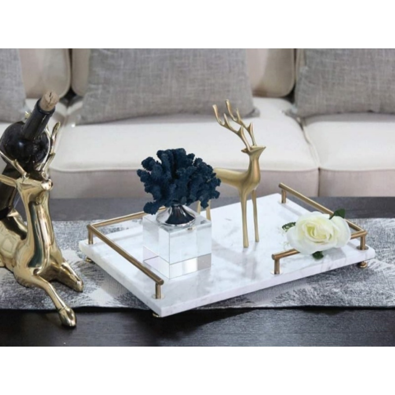 SHIHUI Natural Stone Living Room Furniture Marble Decoration Volakas White Rectangle Tray MarbleJewelry Tray With Gold Handles