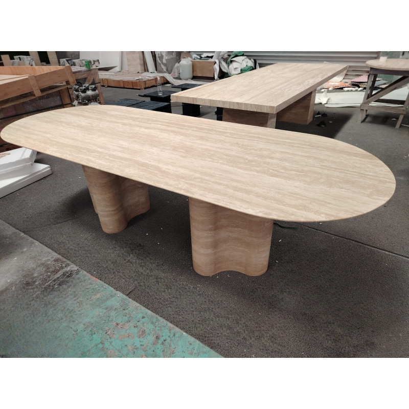 SHIHUI Customized Luxury High Quality Large Natural Stone Furniture Oval Travertine Modern Marble Dining Table Design