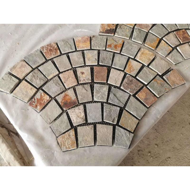 SHIHUI Outdoor Natural Tiger Skin Quartzite Fan Pattern Split Surface Machine Cut Bottom Paving Stone Cobblestone Paver Mats