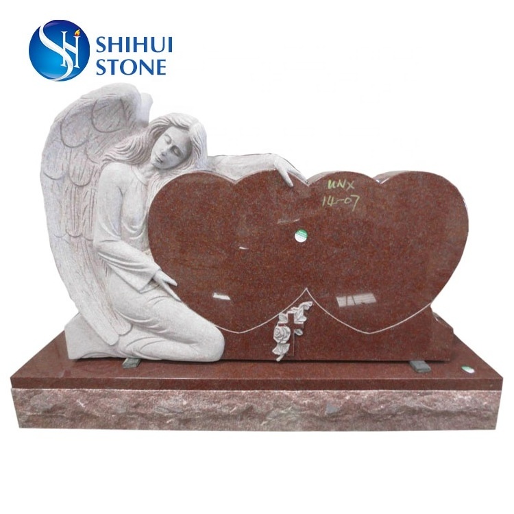 Good Price Natural Stone Granite Kneeling Double Angel Headstone Imperial Red Granite Tombstone Monument For Cemetery And Garden