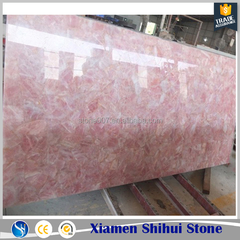 SHIHUI Home Decoration Modern Natural Stone Precioustone Backlit Gemstone Slab Polished Rose Pink Quartz Onyx Table Tops