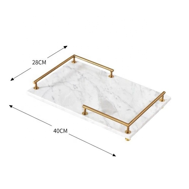 SHIHUI Natural Stone Living Room Furniture Marble Decoration Volakas White Rectangle Tray MarbleJewelry Tray With Gold Handles