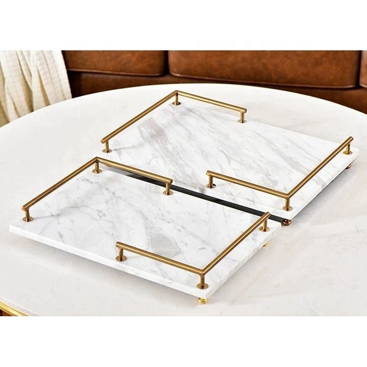 SHIHUI Natural Stone Living Room Furniture Marble Decoration Volakas White Rectangle Tray MarbleJewelry Tray With Gold Handles