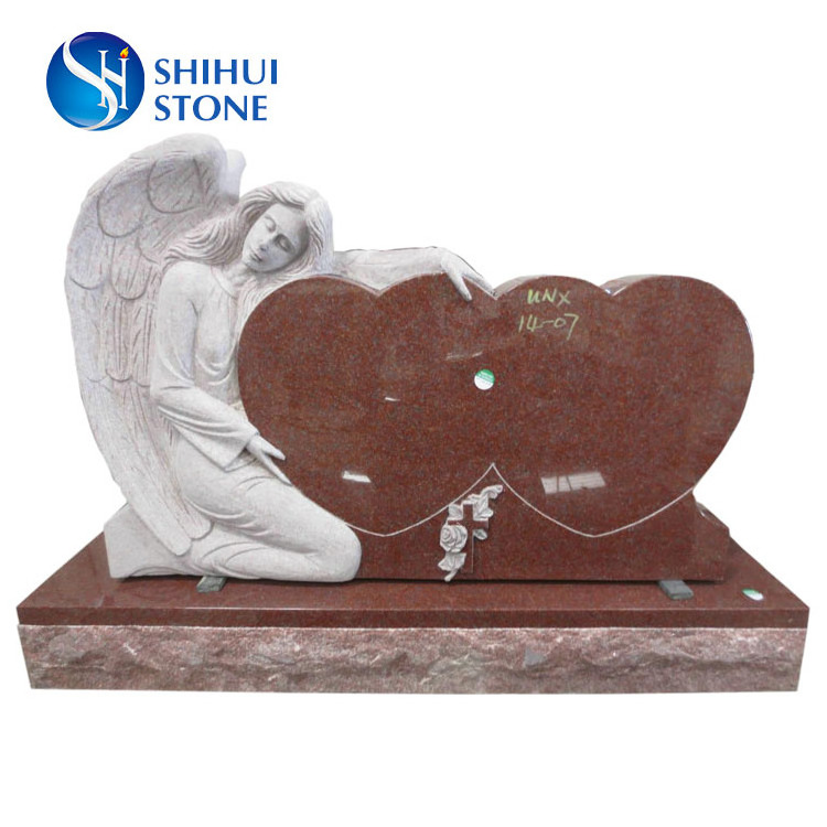 SHIHUI Good Price Double Heart Shaped Headstone Tombstone Carved Kneeling Angels Grave Stone Imperial Red Granite Monument