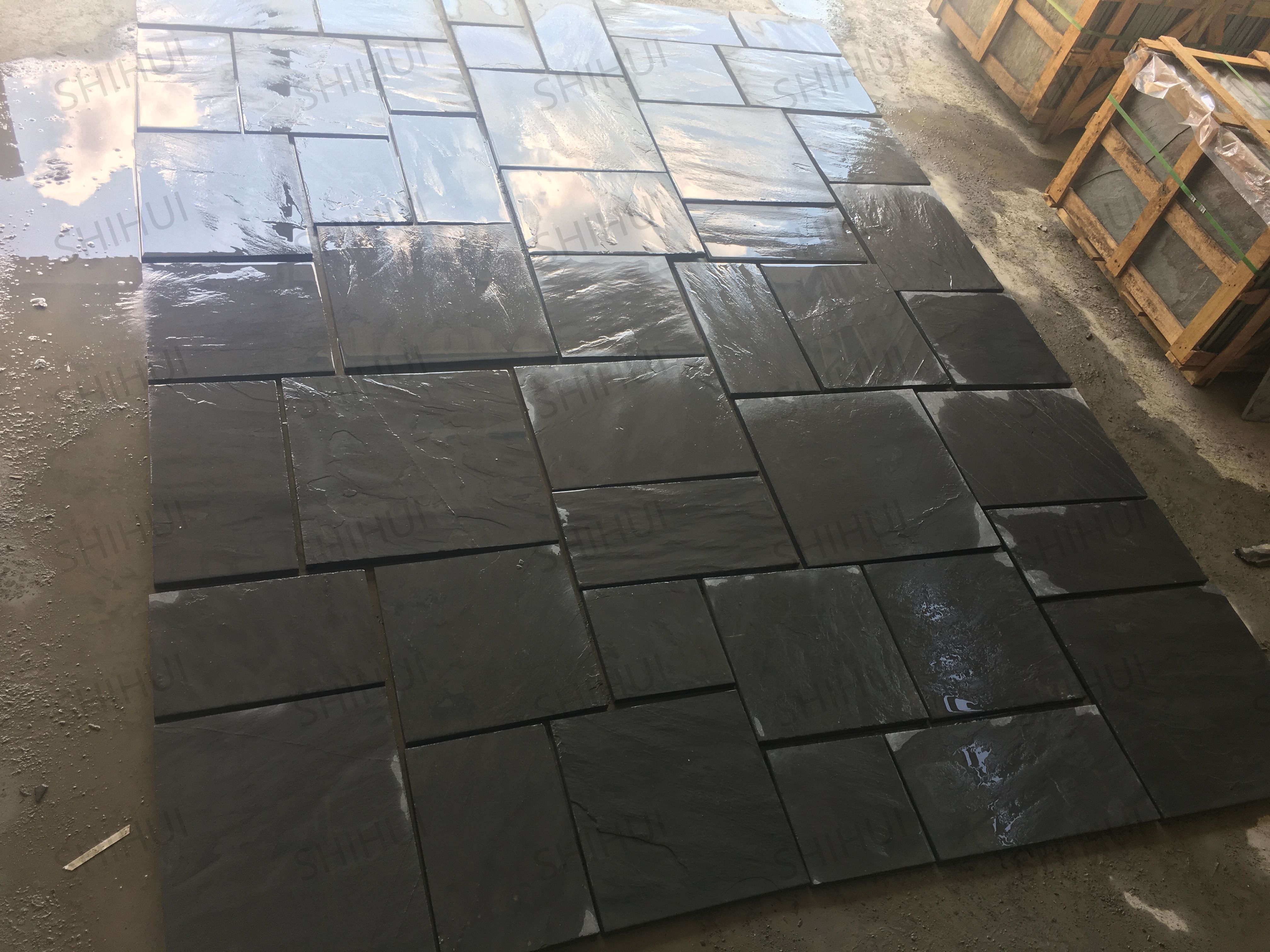 SHIHUI Vintage Driveway Natural Stone Black Jiangxi Slate French Pattern Culture Paving Stone Floor Tile Pavers