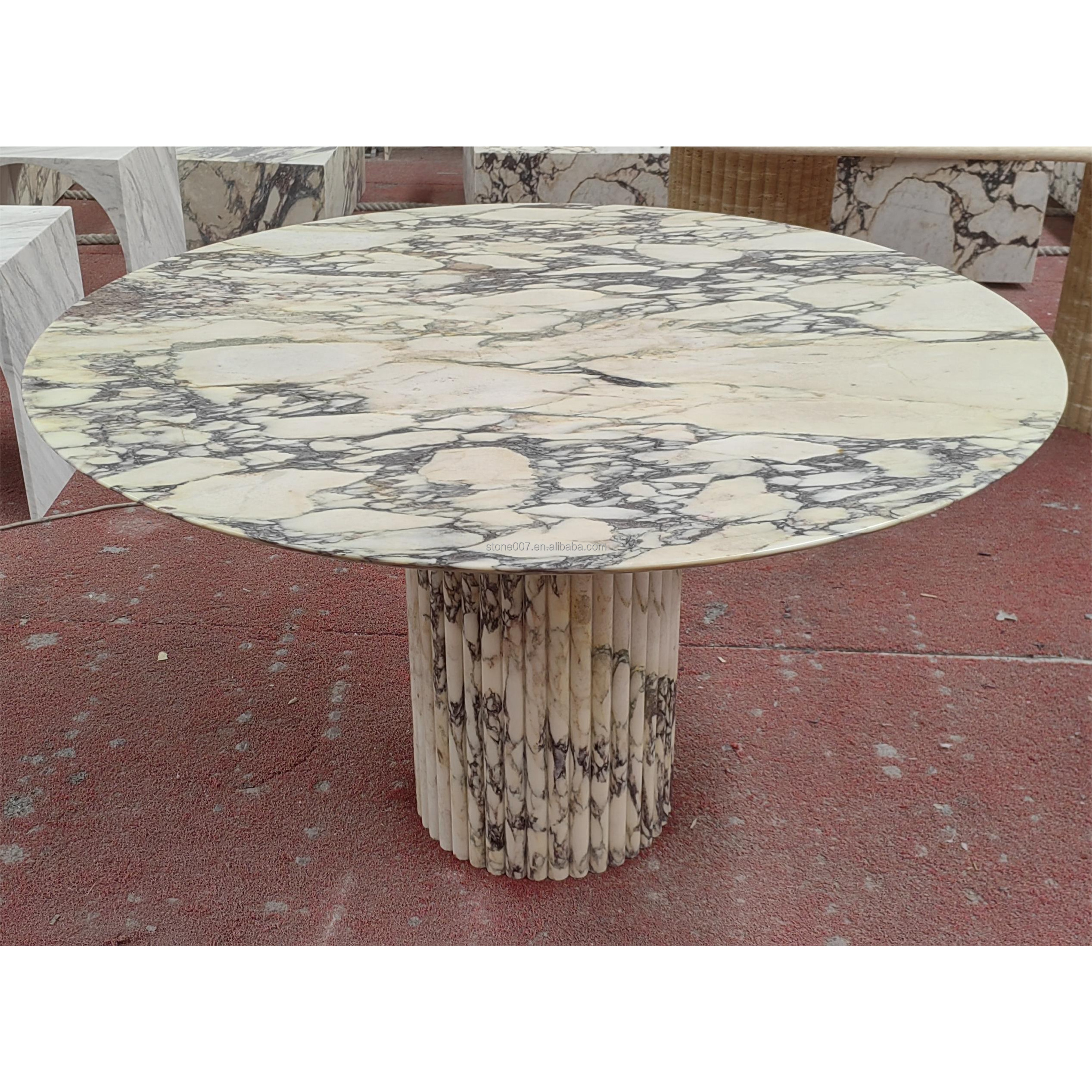 SHIHUI Luxury Design Customized Natural Stone Furniture High Quality Calacatta Viola Round Marble Dining Table With Fluted Base