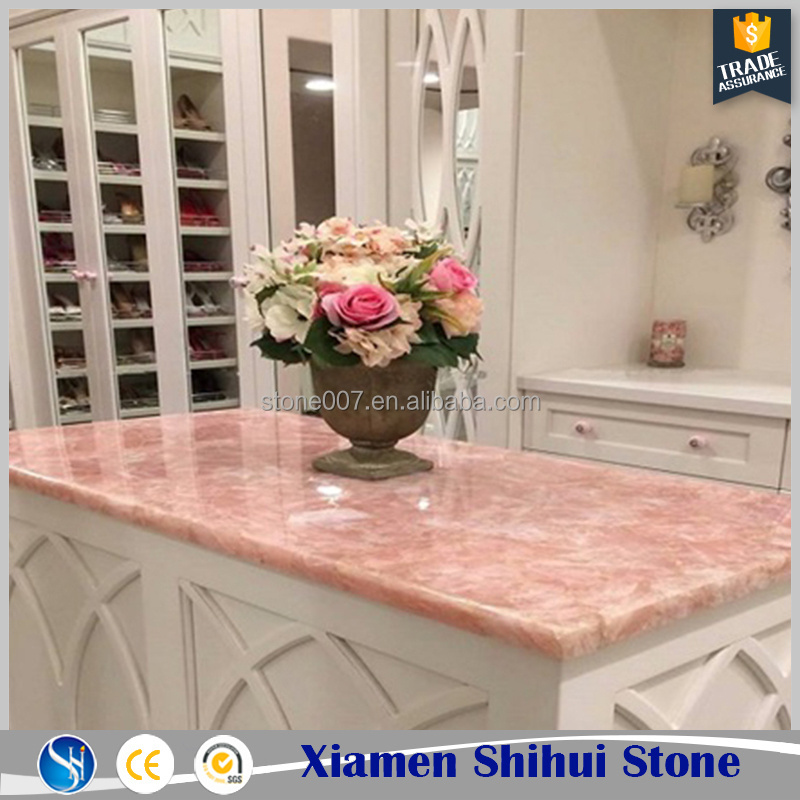 SHIHUI Home Decoration Modern Natural Stone Precioustone Backlit Gemstone Slab Polished Rose Pink Quartz Onyx Table Tops