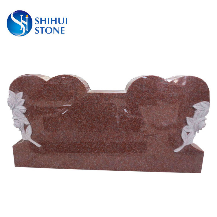 SHIHUI Good Price Double Heart Shaped Headstone Tombstone Carved Kneeling Angels Grave Stone Imperial Red Granite Monument