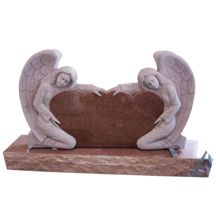 SHIHUI Good Price Double Heart Shaped Headstone Tombstone Carved Kneeling Angels Grave Stone Imperial Red Granite Monument