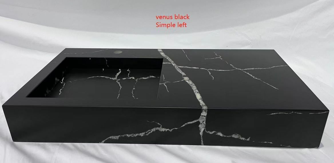 SHIHUI Wholesale Solid Surface Luxury Wall-mounted Artificial Stone Hand Washing Sink Black Marble Stone Sink Quartz Wash Basin