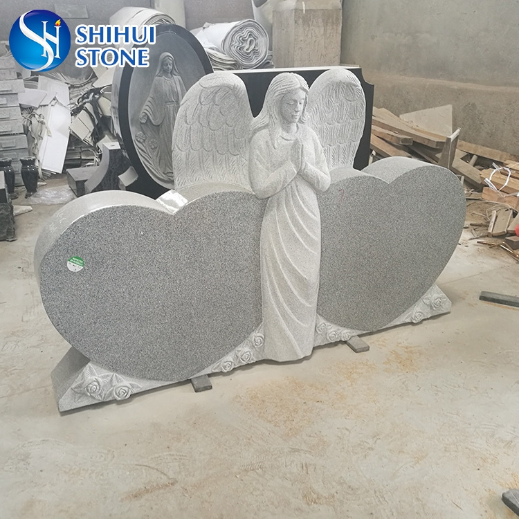 G633 White Grey Granite Stone Double Heart Headstone With Praying Standing Angel,US Style Headstone Monument ,Angel Tombstone