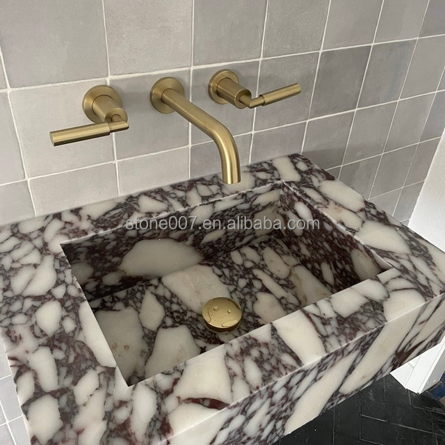 SHIHUI Custom Rectangle Bathroom Wash Basin Powder Room Handmade Wall Mount Calacatta Viola Marble Sinks Vanity Sink Basin