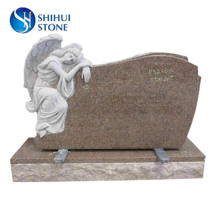 Good Price Natural Stone Granite Kneeling Double Angel Headstone Imperial Red Granite Tombstone Monument For Cemetery And Garden