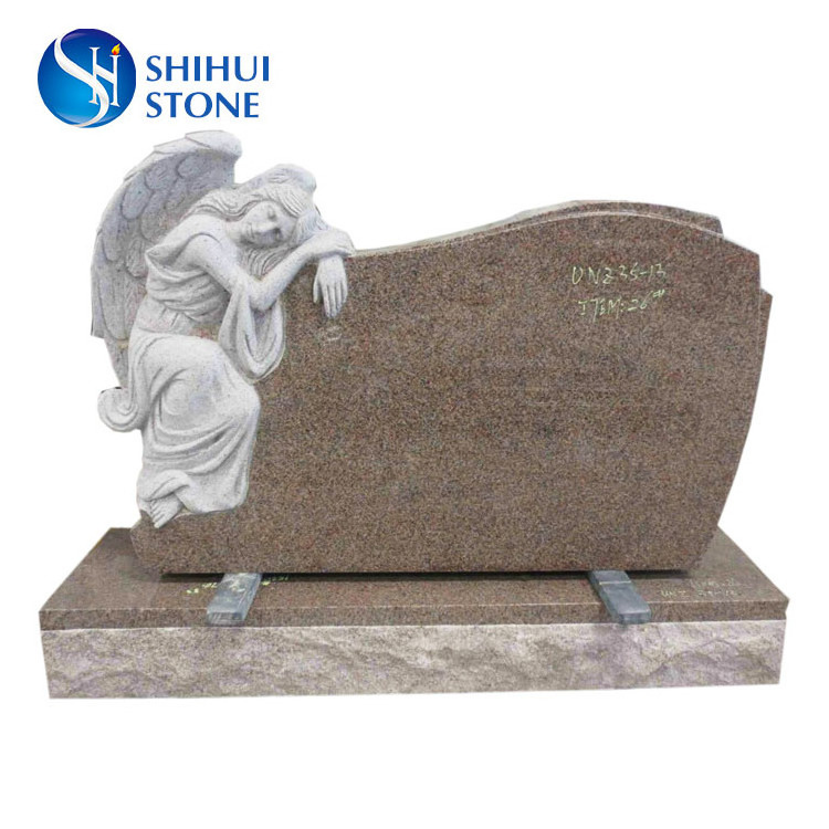 SHIHUI Good Price Double Heart Shaped Headstone Tombstone Carved Kneeling Angels Grave Stone Imperial Red Granite Monument