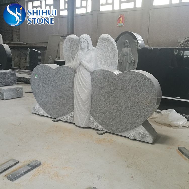 G633 White Grey Granite Stone Double Heart Headstone With Praying Standing Angel,US Style Headstone Monument ,Angel Tombstone