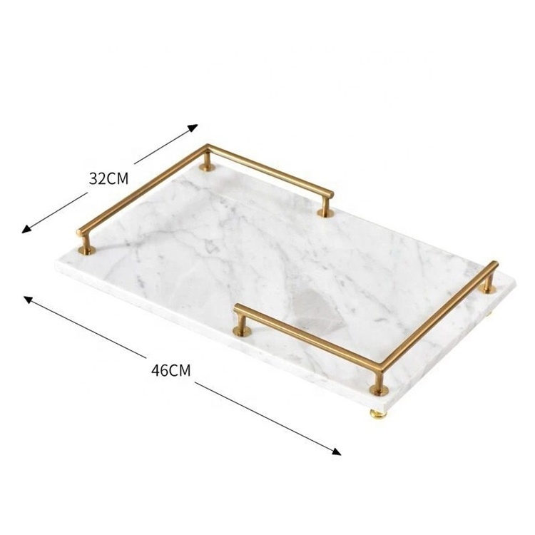 SHIHUI Natural Stone Living Room Furniture Marble Decoration Volakas White Rectangle Tray MarbleJewelry Tray With Gold Handles