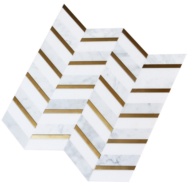 12x12inch Marble mosaic Tile herringbone gold inlay Home Decor Wall Cladding Tile white marble panel Stone kitchen backsplash