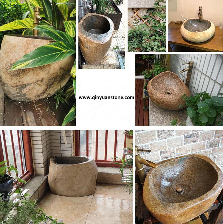 River stone Pedestal sink bathroom basins farm house granite washing bowl outdoor cobble stone sinks