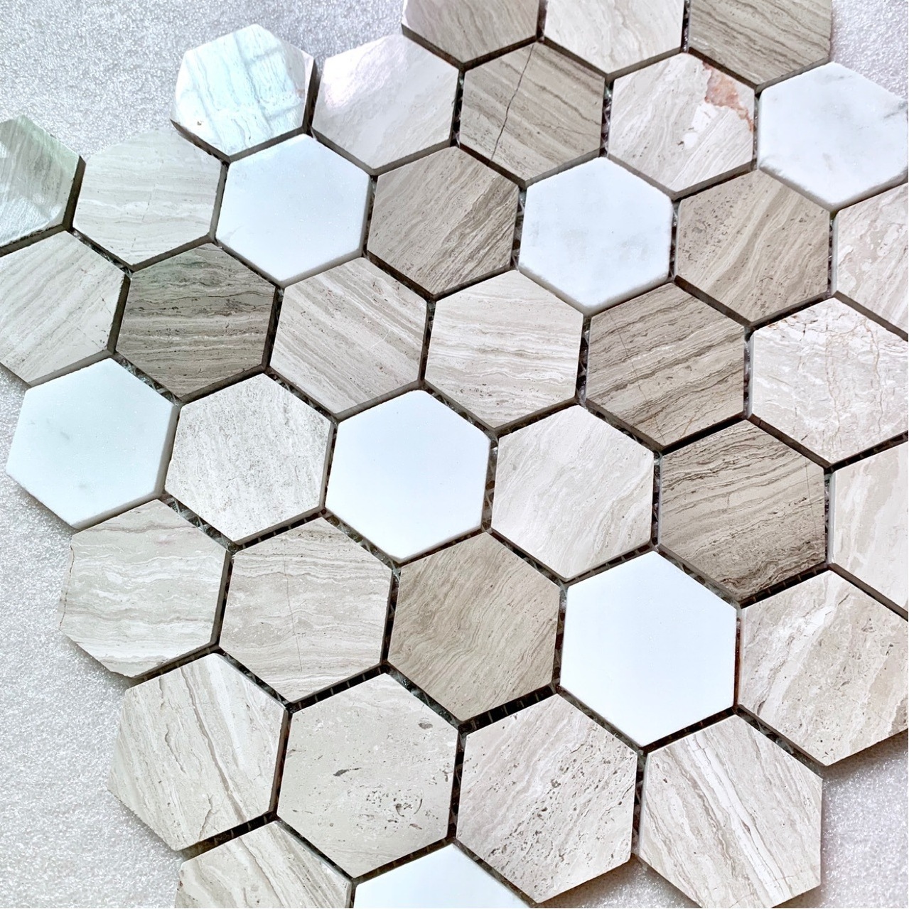 Hexagon wood grey marble mosaic tile pattern accent bathroom flooring wall tiles kitchen modern design