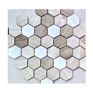 Hexagon wood grey marble mosaic tile pattern accent bathroom flooring wall tiles kitchen modern design