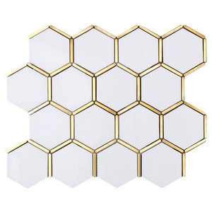 Solid white marble mosaic tile gold metal inlay contemporary backsplash tile shower kitchen wall sticker stone