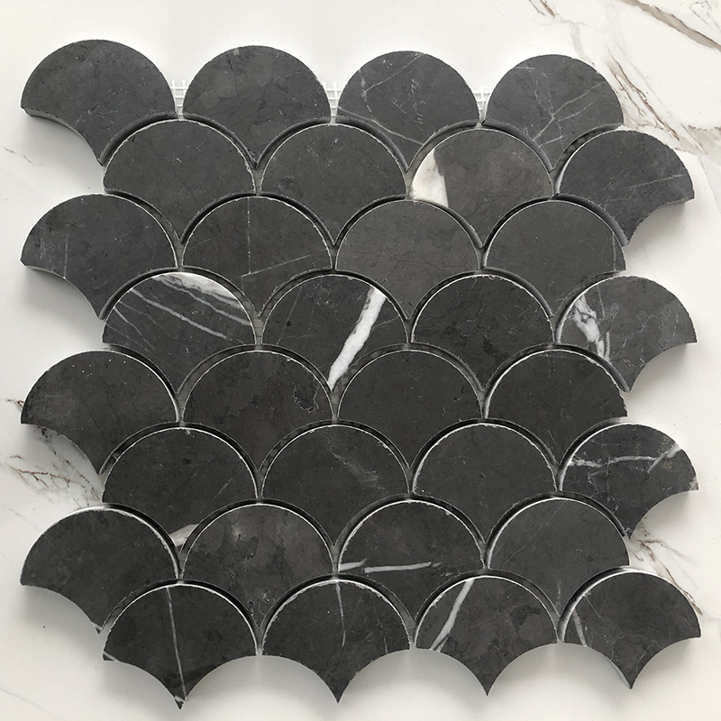 Fan shape Marble mosaic tile Nero Marquina fish scale pattern accent bathroom flooring wall tiles kitchen backsplash