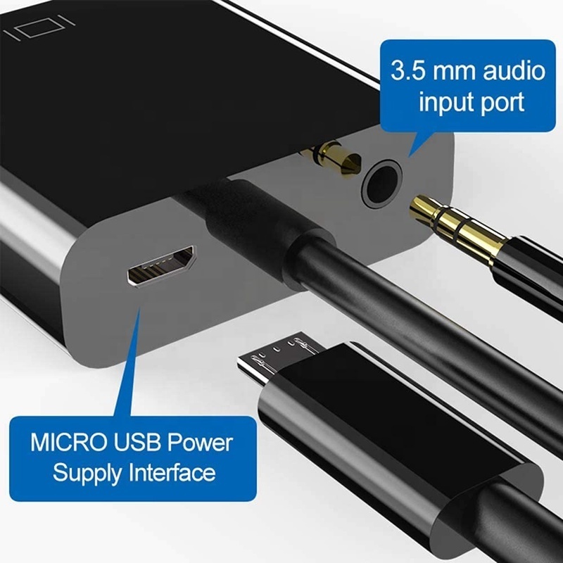 HDMI To VGA Converter Adapter Cable With Micro-USB Power and 3.5MM Audio Jack Cable Adapter M/F 1080P