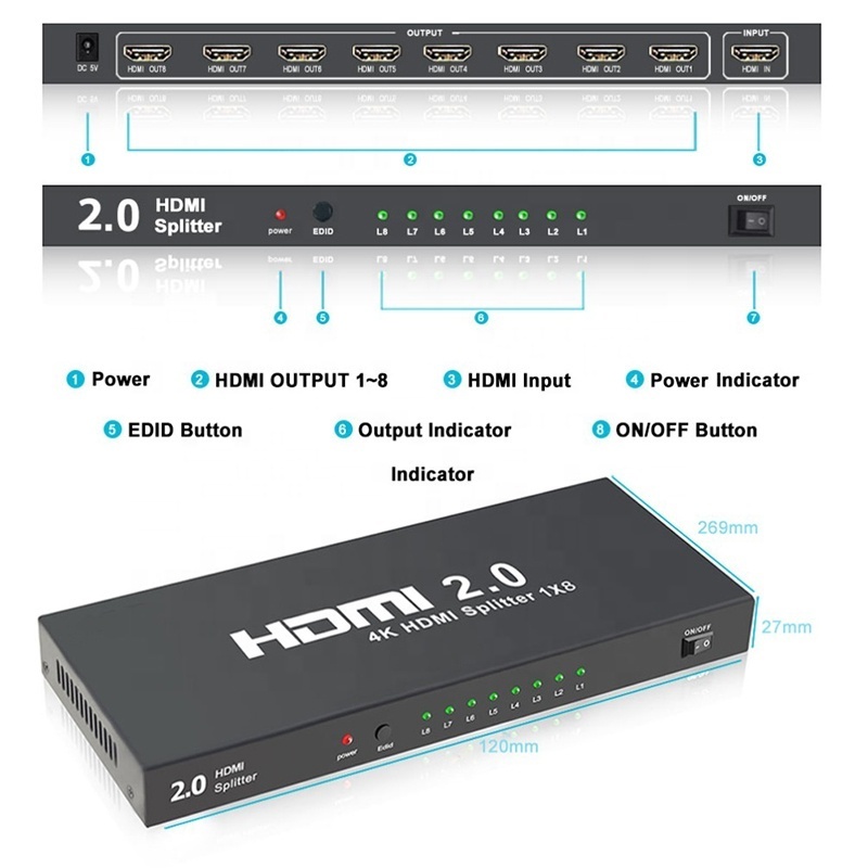 18Gbps 1x8 HDMI 2.0 Splitter 4K 60Hz/HDCP 2.2 8Way HDMI Video Splitter With Edid 8 Port HDMI Splitter 4K 60Hz