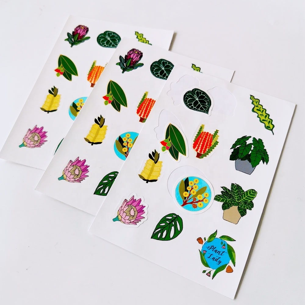 Waterproof Reflective Plant Flower Sticker Printing Sheet Vinyl Transparent Die Cut Custom Kid Kiss Cut Sticker Sheet