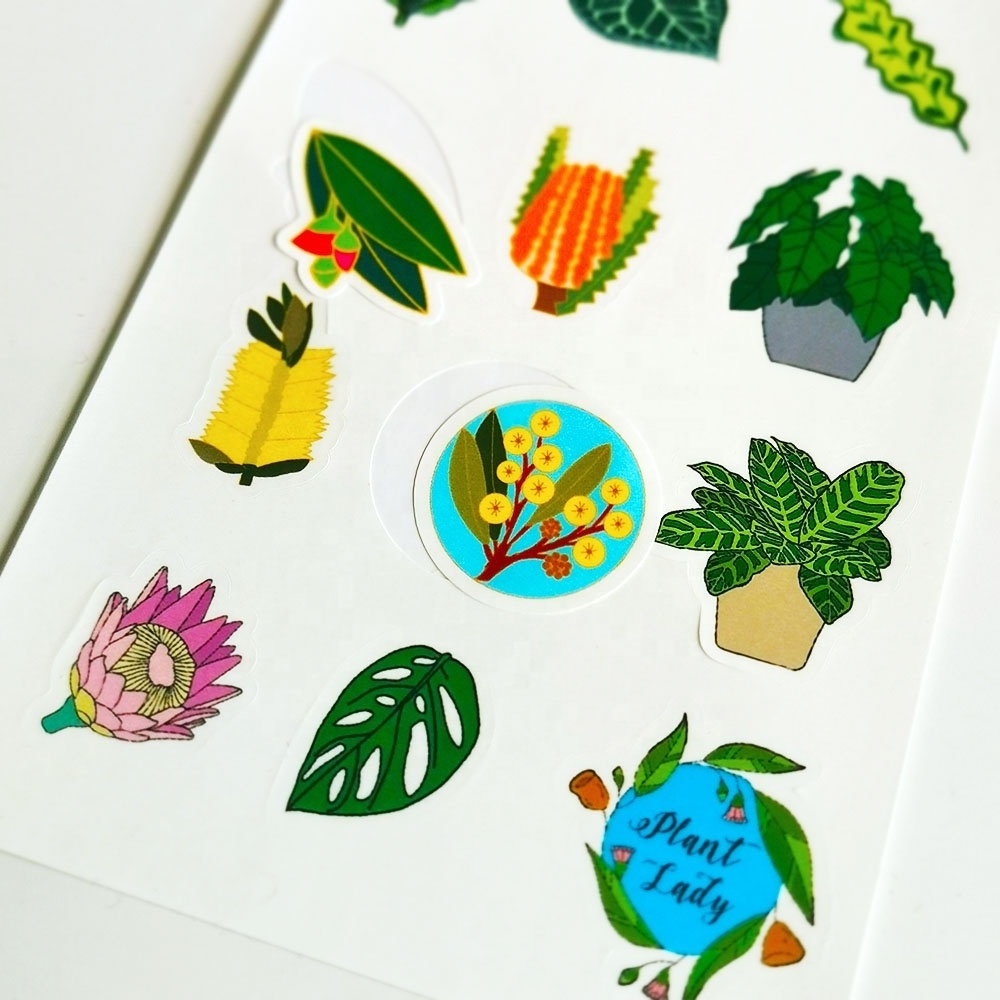 Waterproof Reflective Plant Flower Sticker Printing Sheet Vinyl Transparent Die Cut Custom Kid Kiss Cut Sticker Sheet