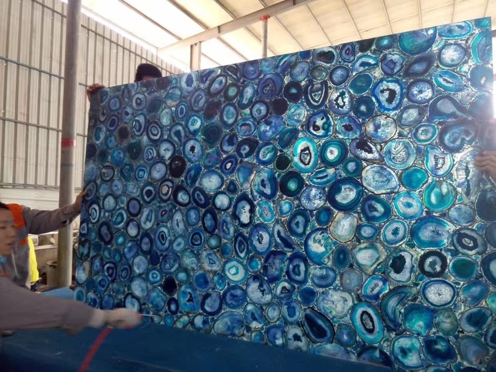 Composite semi stone used table top precious blue onyx agate stone slabs