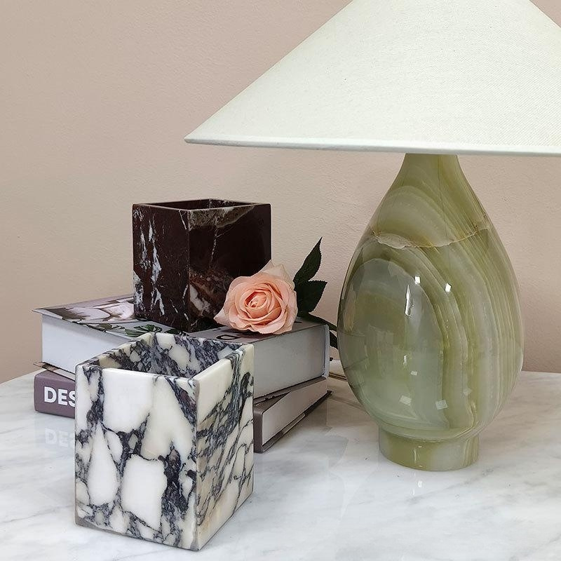 Stonekocc Luxury Agate Green White Pink Onyx Romantic Candle Jars and Boxes Packaging Marble Stone Cup Holder Candlestick Decor