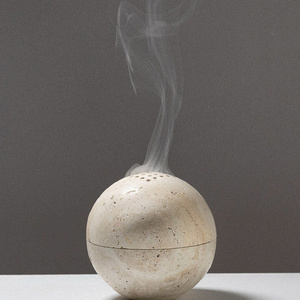 stonekocc Brand 9 Holes Handmade Natural Marble Round Incense Burner Holder Beige Travertine Stone for Room / Kitchen / Coffee