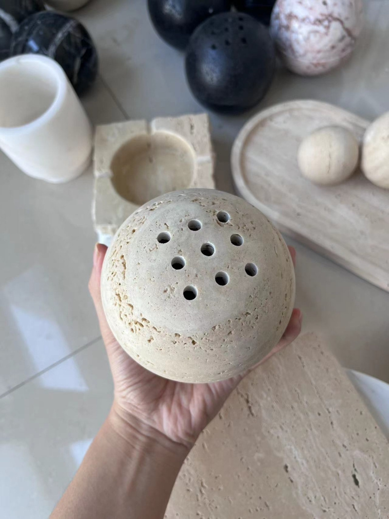 stonekocc Brand 9 Holes Handmade Natural Marble Round Incense Burner Holder Beige Travertine Stone for Room / Kitchen / Coffee