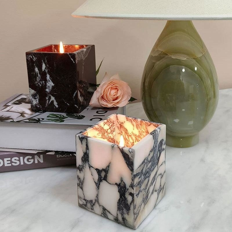 Stonekocc Luxury Agate Green White Pink Onyx Romantic Candle Jars and Boxes Packaging Marble Stone Cup Holder Candlestick Decor