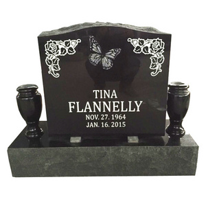 black Memorial Headstone Monument  gravestone with butterfly design and carved flowers